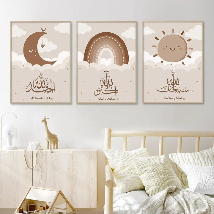 Tasbeeh Trio | Kids Cartoon | Islamic Wall Art | Set of 3 Canvases