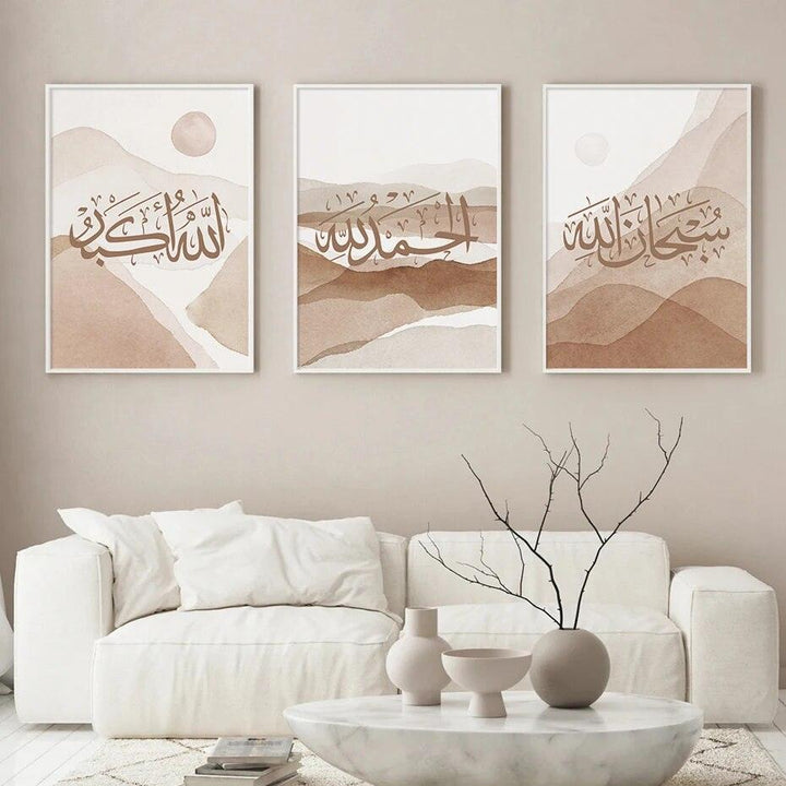 Tasbih Trio | Abstract Boho Mountains Wall Art | Islamic Calligraphy | Set of 3 Canvases