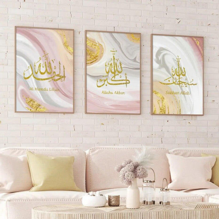 Tasbih Trio | Gold Pink Marble Wall Art | Islamic Calligraphy | Set of 3 Canvases