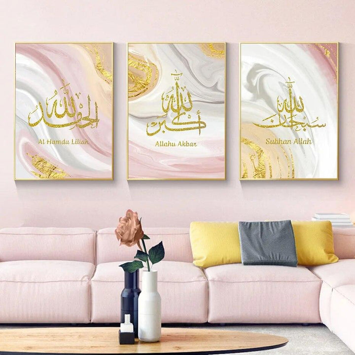 Tasbih Trio | Gold Pink Marble Wall Art | Islamic Calligraphy | Set of 3 Canvases