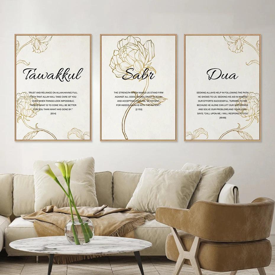 Tawakkul, Sabr, Dua English Trio | Golden Floral Islamic Wall Art | Set of 3 Canvases