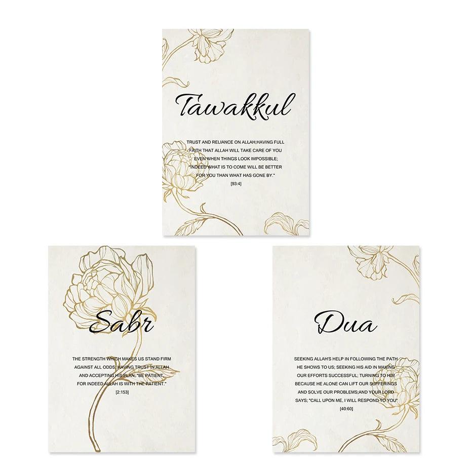 Tawakkul, Sabr, Dua English Trio | Golden Floral Islamic Wall Art | Set of 3 Canvases