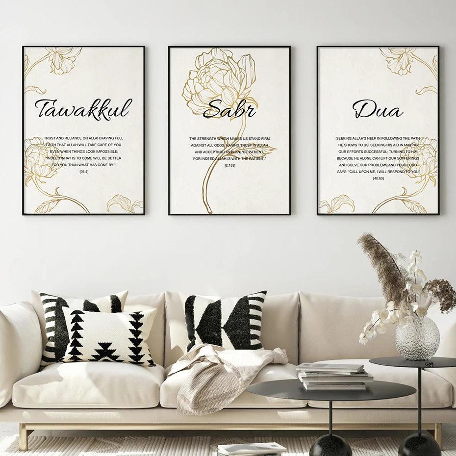 Tawakkul, Sabr, Dua English Trio | Golden Floral Islamic Wall Art | Set of 3 Canvases