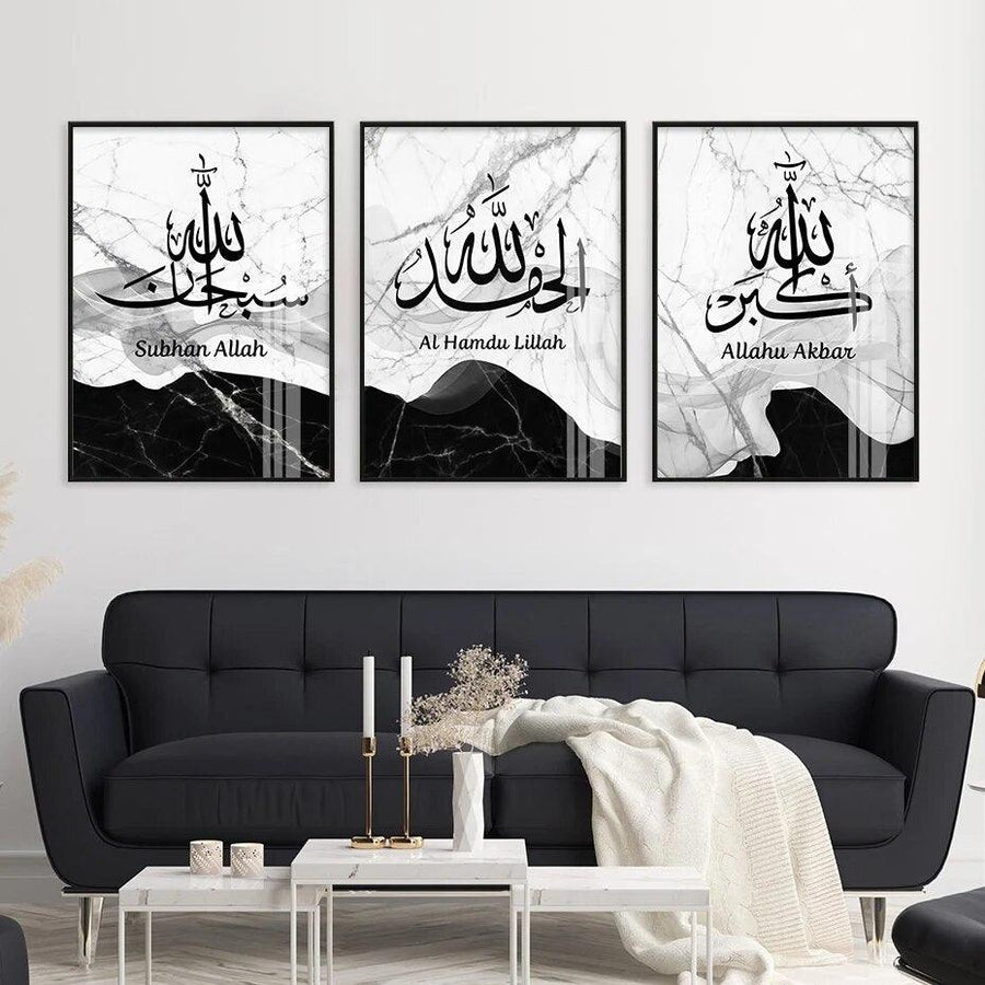 Zikr Tasbeeh Trio | Black & Grey Marble | Islamic Calligraphy Wall Art | Set of 3 Canvases