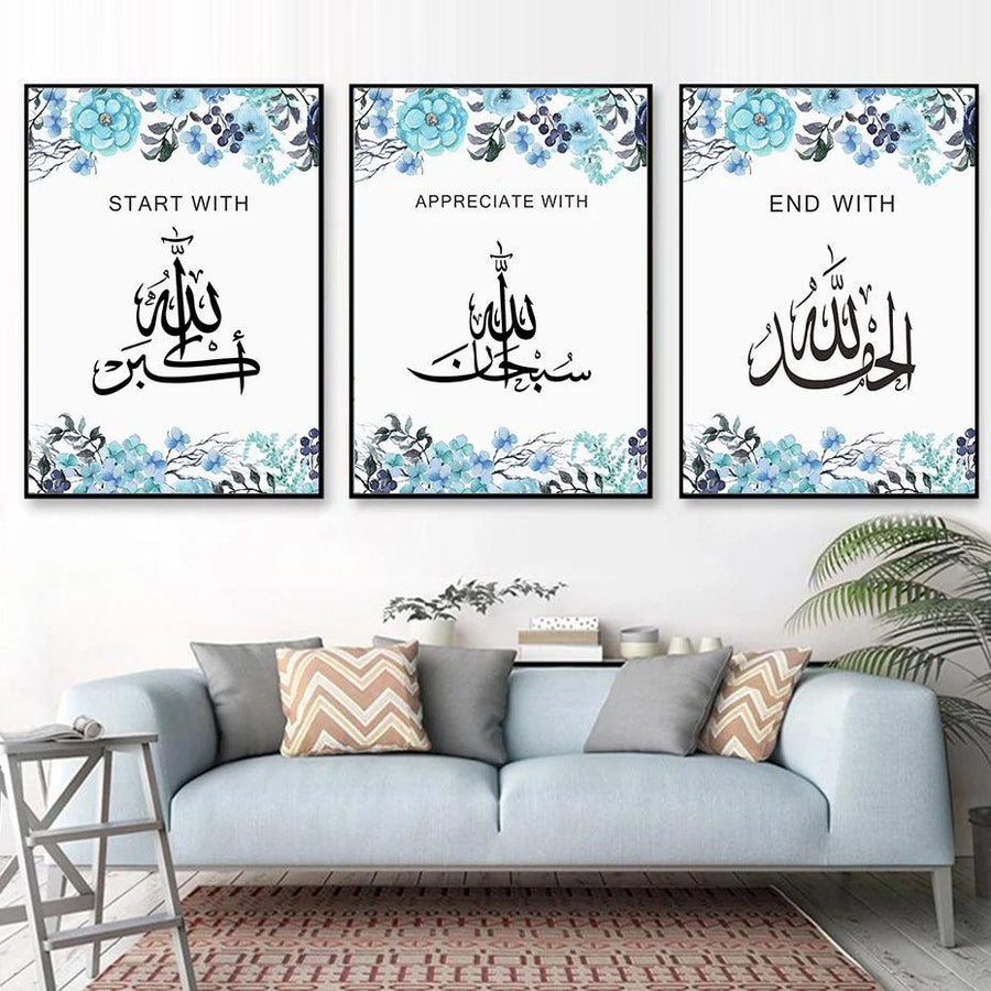 Zikr Tasbih Trio | Blue Floral Islamic Wall Art | Set of 3 Canvases