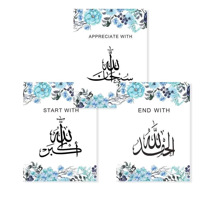 Zikr Tasbih Trio | Blue Floral Islamic Wall Art | Set of 3 Canvases