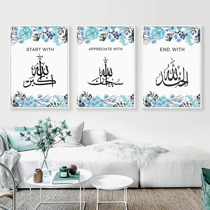 Zikr Tasbih Trio | Blue Floral Islamic Wall Art | Set of 3 Canvases